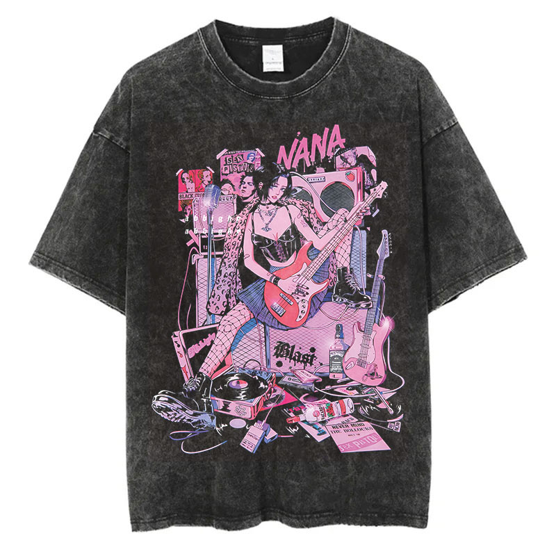 Nana Anime Merchandise - 日本アニメナナ大崎プリントヴィンテージウォッシュ Tシャツ原宿ストリートグラフィック Tシャツ夏半袖コットン Tシャツ